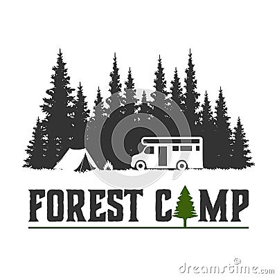 Wilderness Explorer logo with camp car and pine trees forest. Vector Illustration