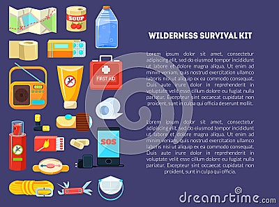 Wilderness Survival Kit Banner Template with Place for Text, Travel Necessities, First Aid Kit, Map, Canned Food, Phone Vector Illustration