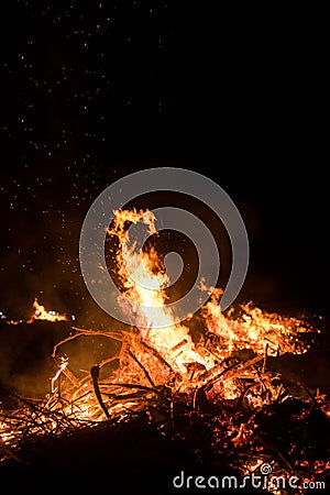 Wildfire burning on grass and wood at night. Stock Photo