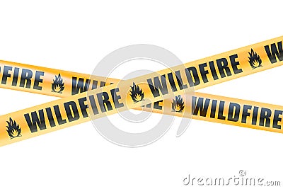 Wildfire Caution Barrier Tapes, 3D rendering Stock Photo