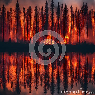 A wildfire engulfing a dense forest. Stock Photo