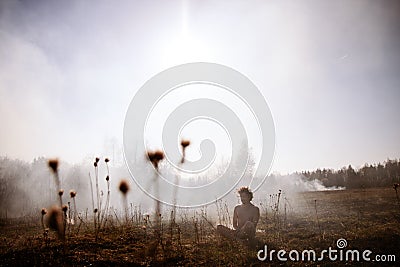 Wildfire. Fire. Global warming, environmental catastrophe. Concept man helpless before natural disaster. Protection Stock Photo