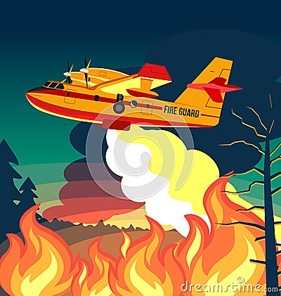 Wildfire firefighter plane or fire aircraft jet extinguish fire, poster or banner illustration Stock Photo