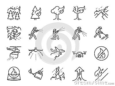 Wildfire line icon set. Included the icons as fire storm, firefighting, firefighter, extinguish, mountain, burning, forest and mor Vector Illustration