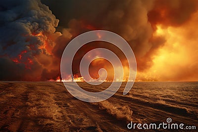 Wildfire sweeping through agricultural land, with a horizon filled with flames and smoke against a deeply saturated red sky. Cartoon Illustration