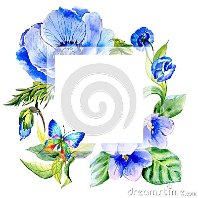 Wildflower anemone flower frame in a watercolor style isolated. Stock Photo