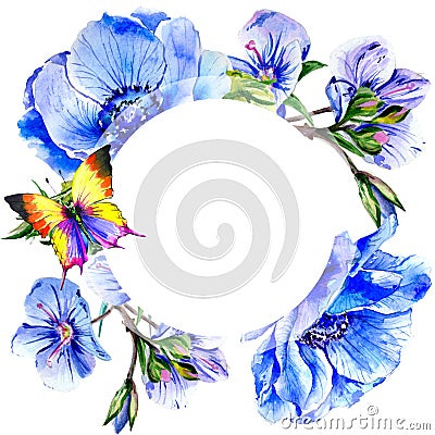 Wildflower anemone flower frame in a watercolor style isolated. Stock Photo