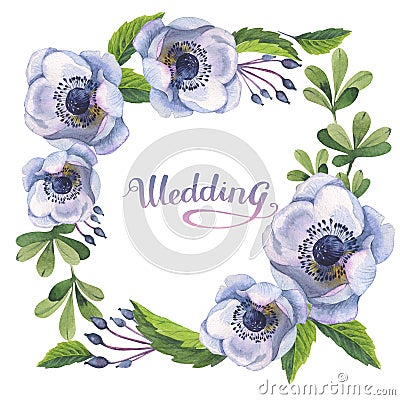 Wildflower anemone flower frame in a watercolor style isolated. Stock Photo