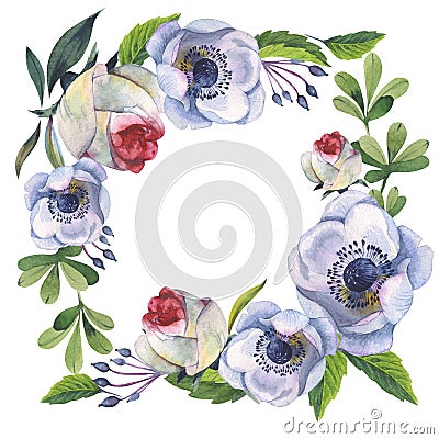 Wildflower anemone flower frame in a watercolor style isolated. Stock Photo