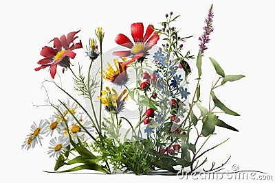 Wildflower Background. Artwork, Artist. Isolated on white background. Stock Photo