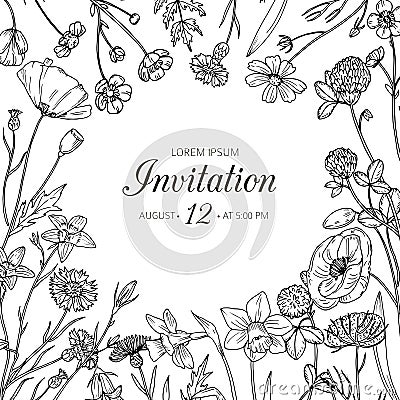 Wildflower background. Wedding invitation with summer wild meadow flowers. Spring floral retro sketch vector card Vector Illustration