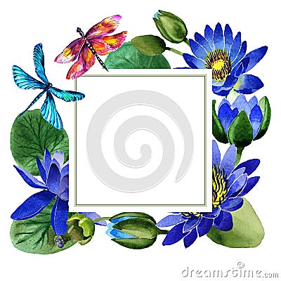 Wildflower blue lotus flower frame in a watercolor style isolated. Stock Photo