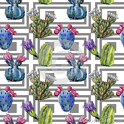 Wildflower cactus flower pattern in a watercolor style. Stock Photo