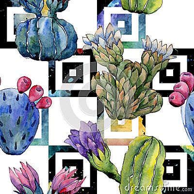 Wildflower cactus flower pattern in a watercolor style. Stock Photo