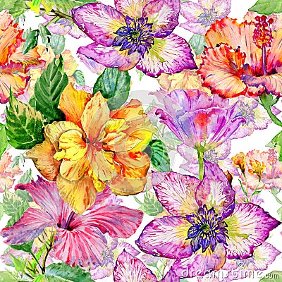 Wildflower hibiscus flower pattern in a watercolor style isolated. Stock Photo