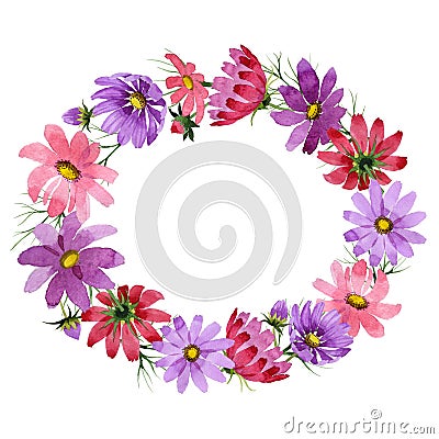 Wildflower kosmeya flower wreath in a watercolor style isolated. Stock Photo