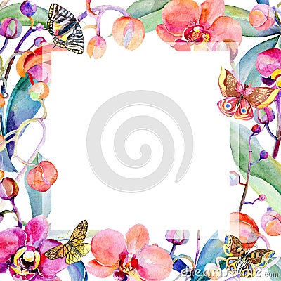 Wildflower orchid flower frame in a watercolor style. Stock Photo