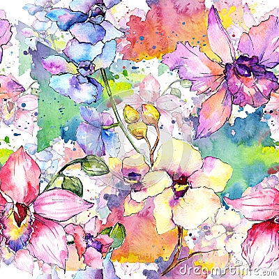 Wildflower orchid flower pattern in a watercolor style. Stock Photo