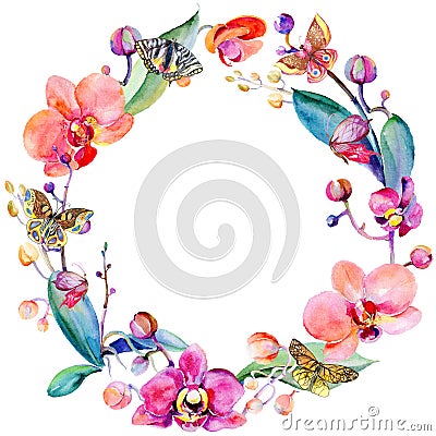 Wildflower orchid flower wreath in a watercolor style. Stock Photo