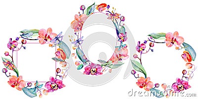 Wildflower orchid flower wreath in a watercolor style. Stock Photo