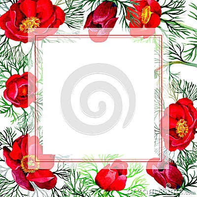 Wildflower peonies flower frame in a watercolor style. Stock Photo