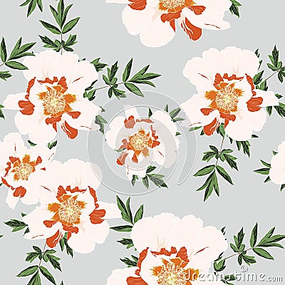 Wildflower peony flower seamless pattern isolated on vintage blue background. Stock Photo