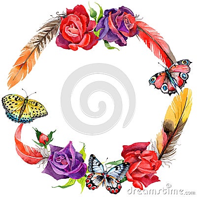 Wildflower rose flower wreath in a watercolor style. Stock Photo