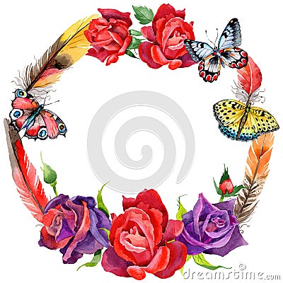 Wildflower rose flower wreath in a watercolor style. Stock Photo