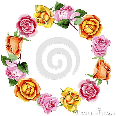 Wildflower rose flower wreath in a watercolor style. Stock Photo