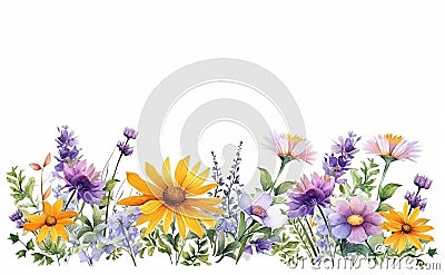 wildflowers border illustration on white background, watercolor style, chamomile, lavender, eucalyptus leaves, created with ai Cartoon Illustration