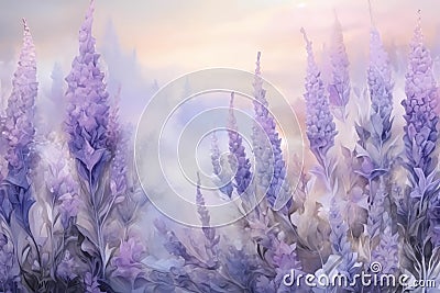 wildflowers, bouquet lavender grows in the fog generated by AI, generative assistant Stock Photo