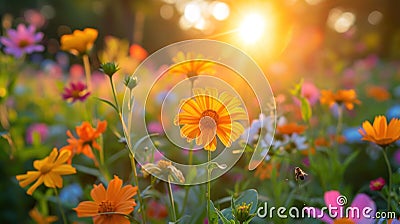 Wildflowers, buzzing bees, and a vibrant sun bring spring's lively spirit Stock Photo