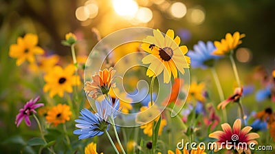 Wildflowers, buzzing bees, and a vibrant sun bring spring's lively spirit Stock Photo