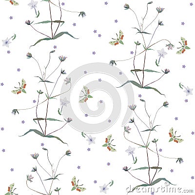 Wildflowers and moths. Seamless background on a white. Vector Vector Illustration