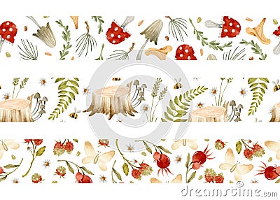 Wildflowers, mushrooms and forest elements watercolor seamless borders set Vector Illustration