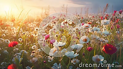 Wildflowers in sunset light, blooming spring meadow Stock Photo