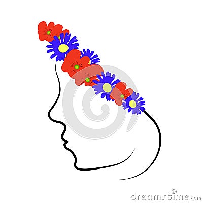 Wildflowers wreath on womens head. Girls profile face with poppies and blue daisies, vector eps 10 Vector Illustration