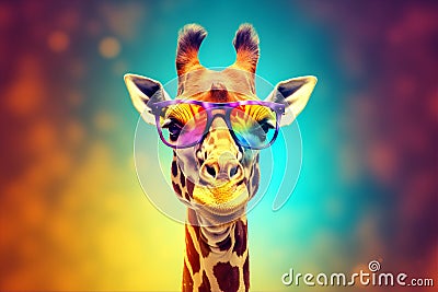 wildlife animal giraffe colorful neck sunglasses africa zoo portrait mammal. Generative AI. Stock Photo