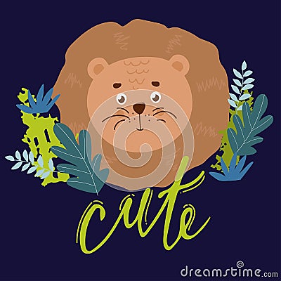 Wildlife animals. Cute lion with simple greens vector illustration. Jungle life clipart vector design Cartoon Illustration