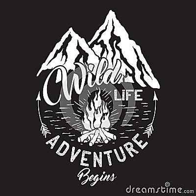 Wildlife inscription with mountains and campfire. Vector Illustration
