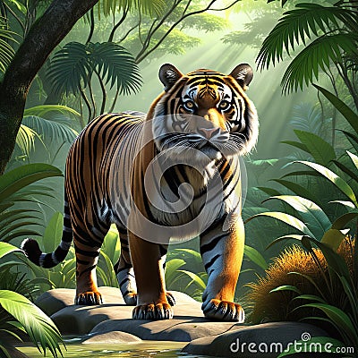 wildlife photograph of a tiger in forest ai generated Cartoon Illustration