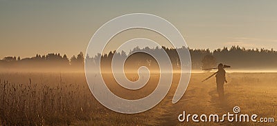 Wildlife Photographer Bialowieza sunrise mist Editorial Stock Photo