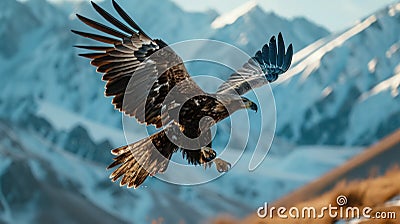 Wildlife Photography, eagle in flight, close-up shot, mountain range, majesty, clear sky lighting. Stock Photo