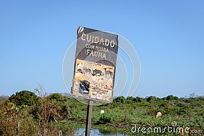 Wildlife Road Sign at the Transpantaneira, Pantanal, Mato Grosso, Brazil, South America Stock Photo