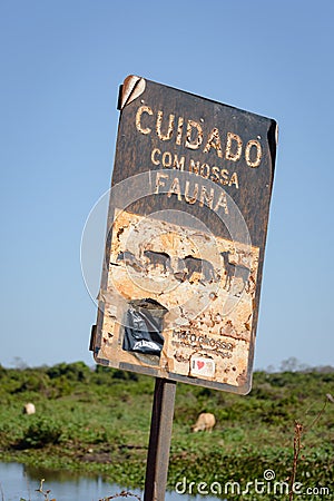 Wildlife Road Sign at the Transpantaneira, Pantanal, Mato Grosso, Brazil, South America Stock Photo