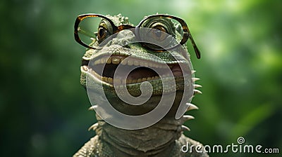 wildlife scale portrait lizard iguana glasses animal close-up green reptile. Generative AI. Stock Photo