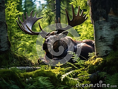 Wildlife scene from Sweden. Moose lying in grass under trees. Moose North America or Eurasian elk Eurasia Alces alces in the Cartoon Illustration