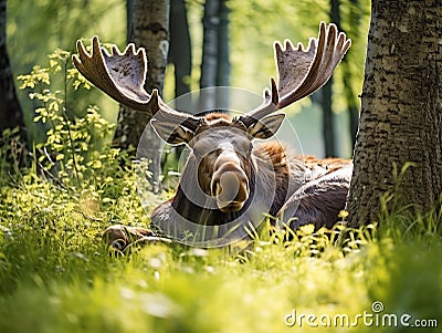 Wildlife scene from Sweden. Moose lying in grass under trees. Moose North America or Eurasian elk Eurasia Alces alces in the Cartoon Illustration