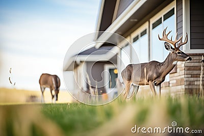 wildlife view with deer grazing near prairie homes eaves Stock Photo