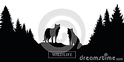 Wildlife wolf silhouette forest landscape black and white Vector Illustration